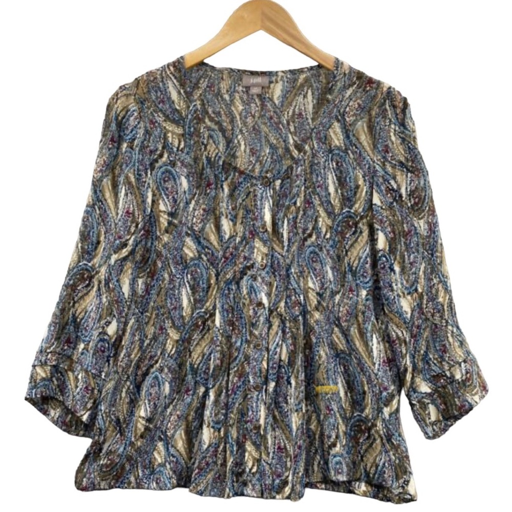 J.Jill Blouse Womens Small Blue/Green Paisley Pleated Button Up Size Small